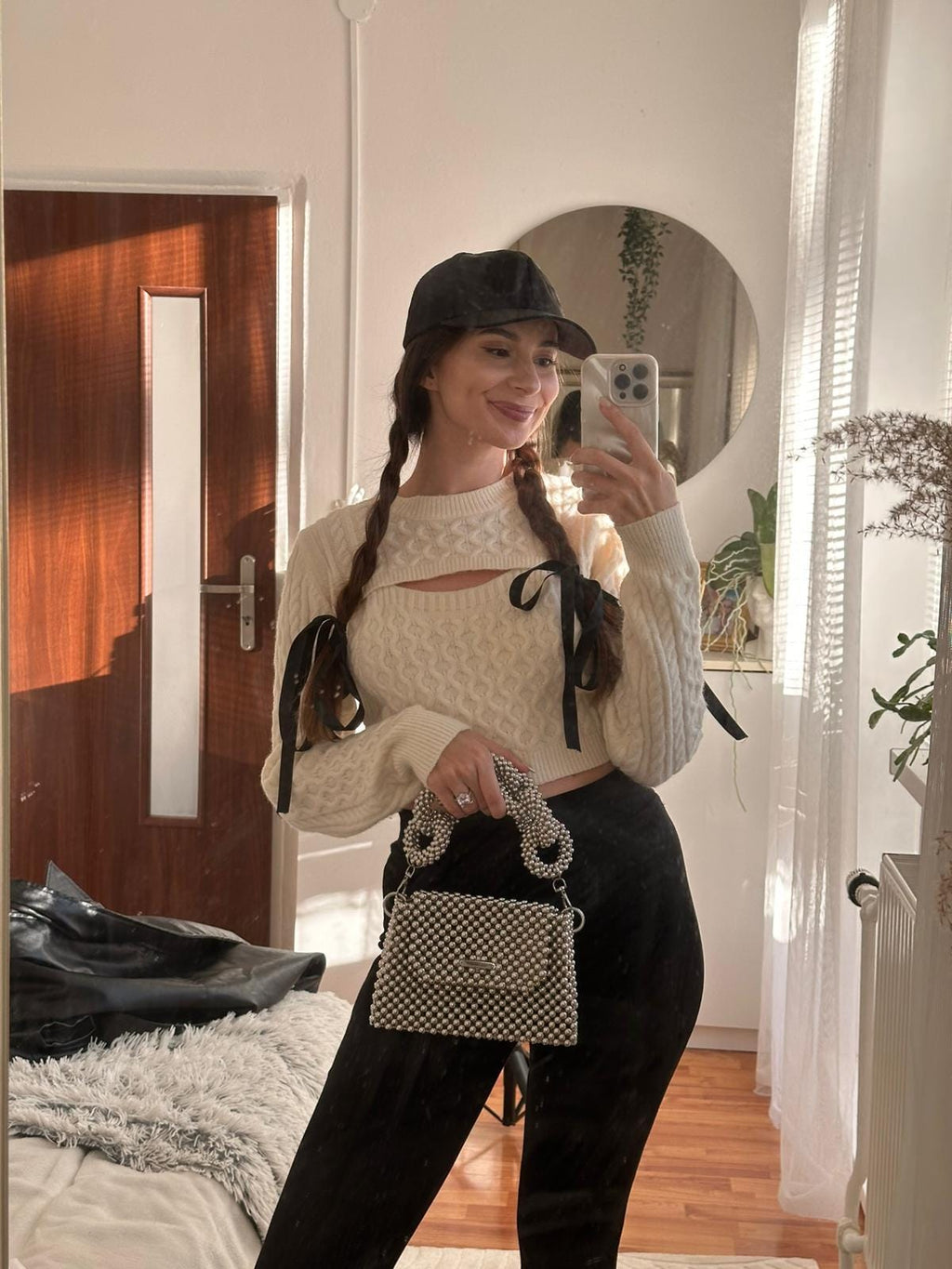 LIA Silver Beaded Shoulder Bag with Two Handles