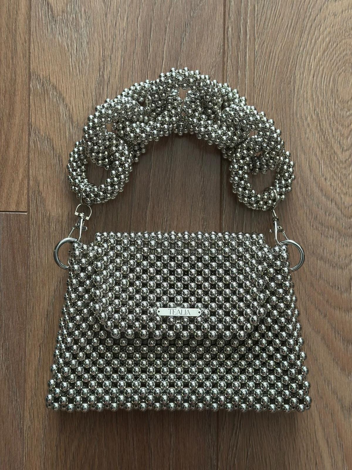 LIA Silver Beaded Shoulder Bag with Two Handles