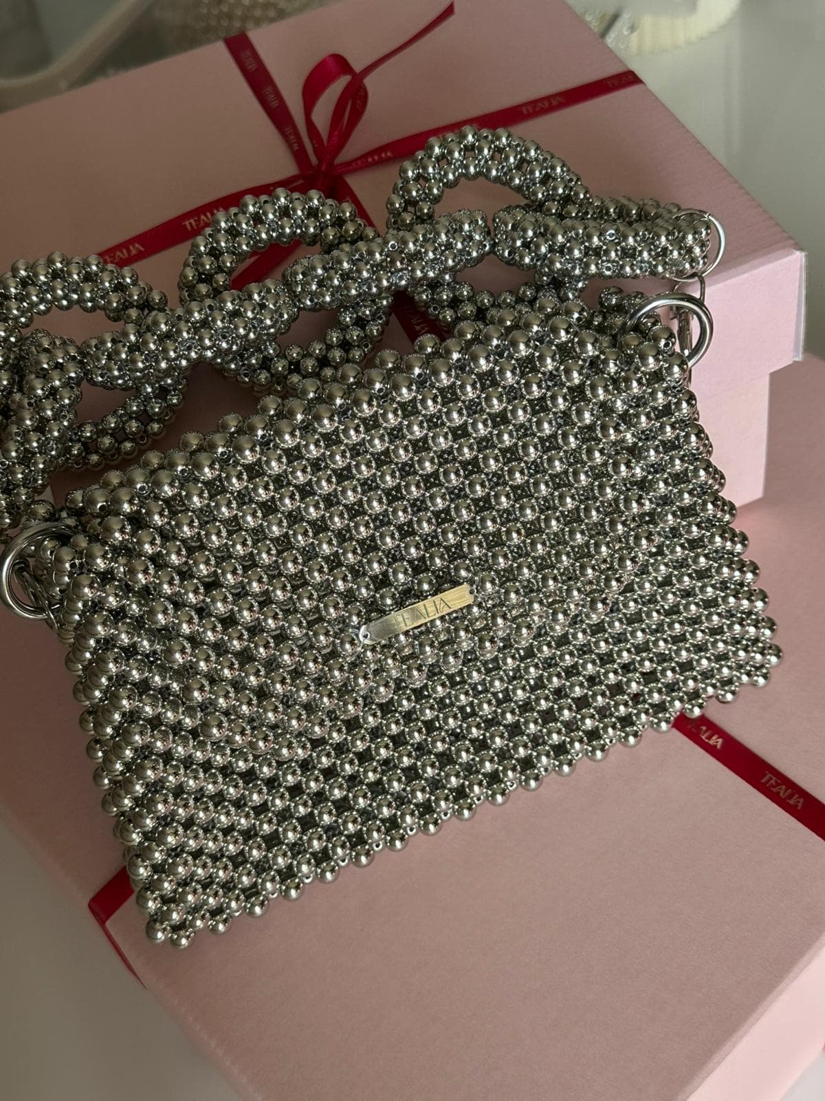 LIA Silver Beaded Shoulder Bag with Two Handles