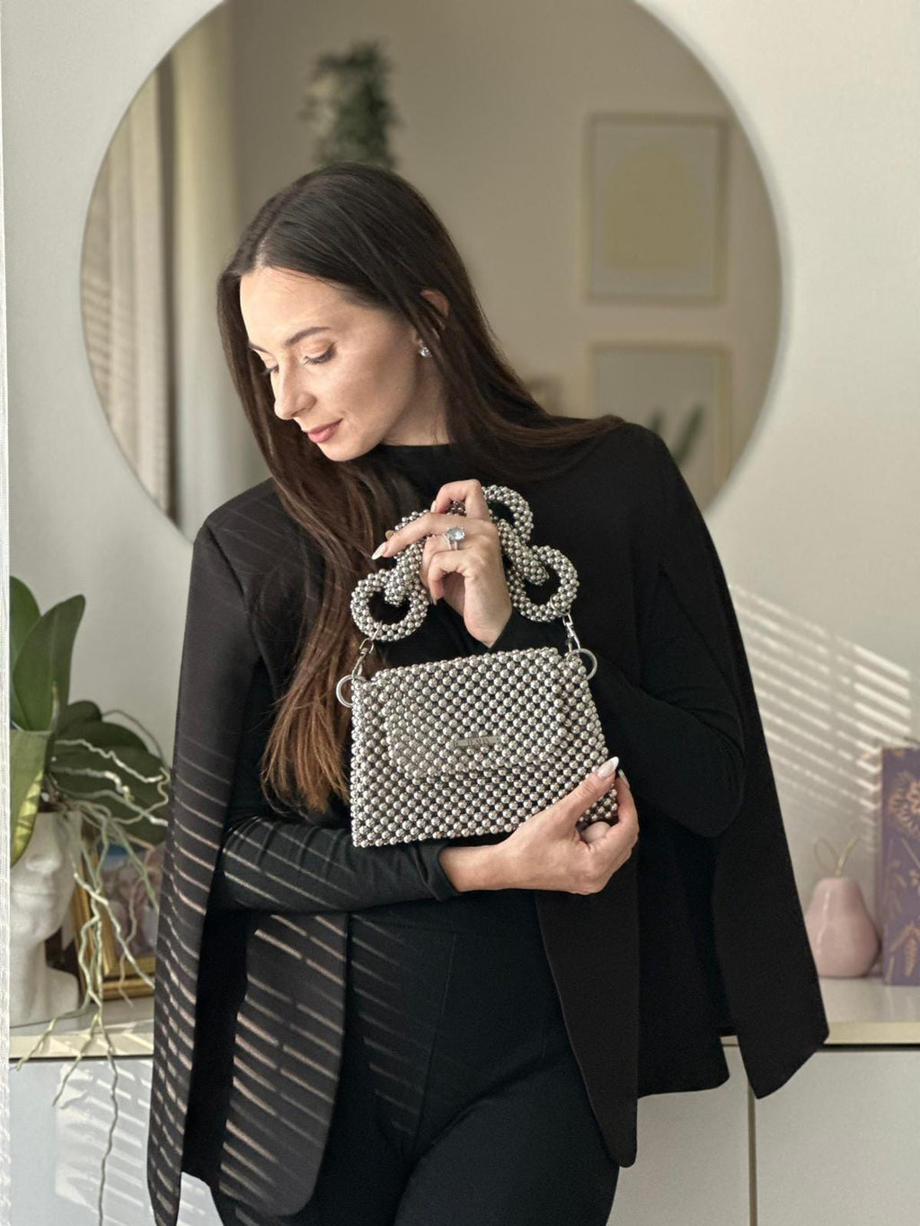 LIA Silver Beaded Shoulder Bag with Two Handles