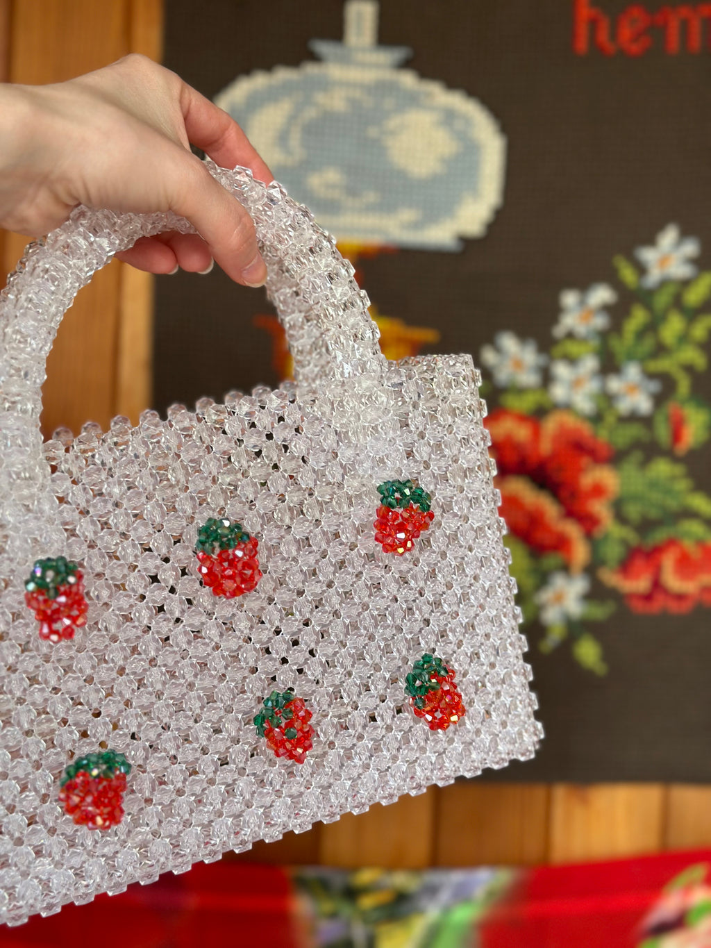 BERRIE Acrylic Beaded Bag with Strawberries