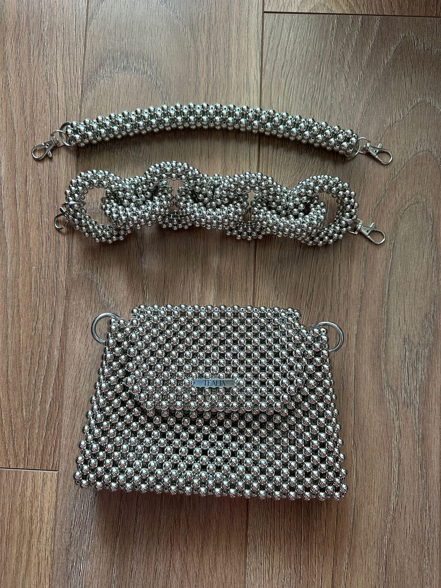 LIA Silver Beaded Shoulder Bag with Two Handles