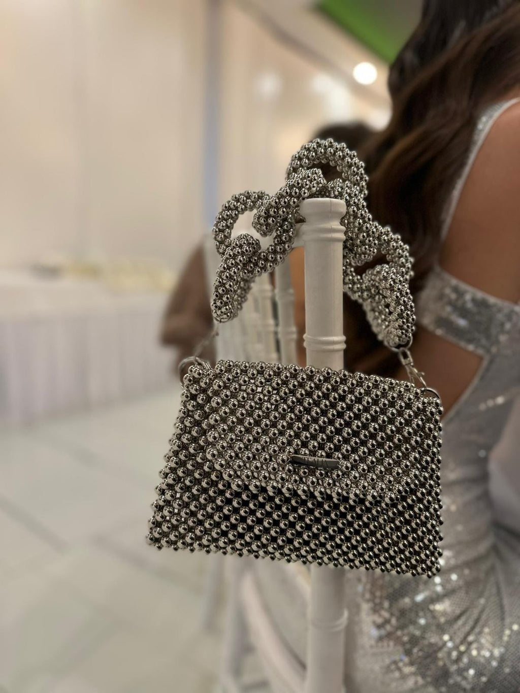 LIA Silver Beaded Shoulder Bag with Two Handles