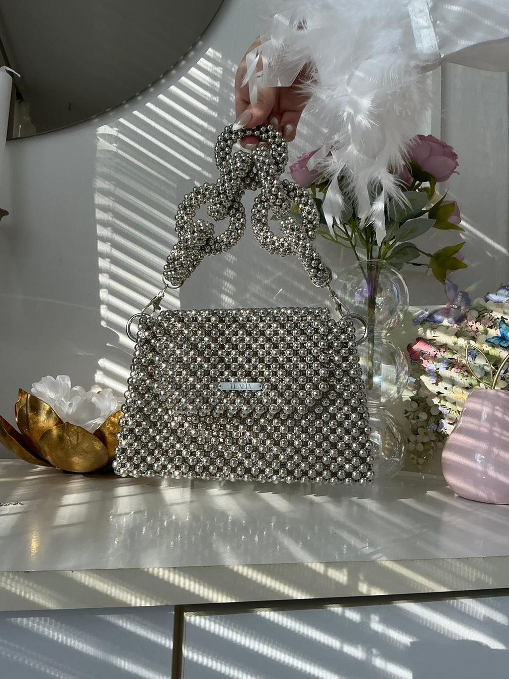 LIA Silver Beaded Shoulder Bag with Two Handles