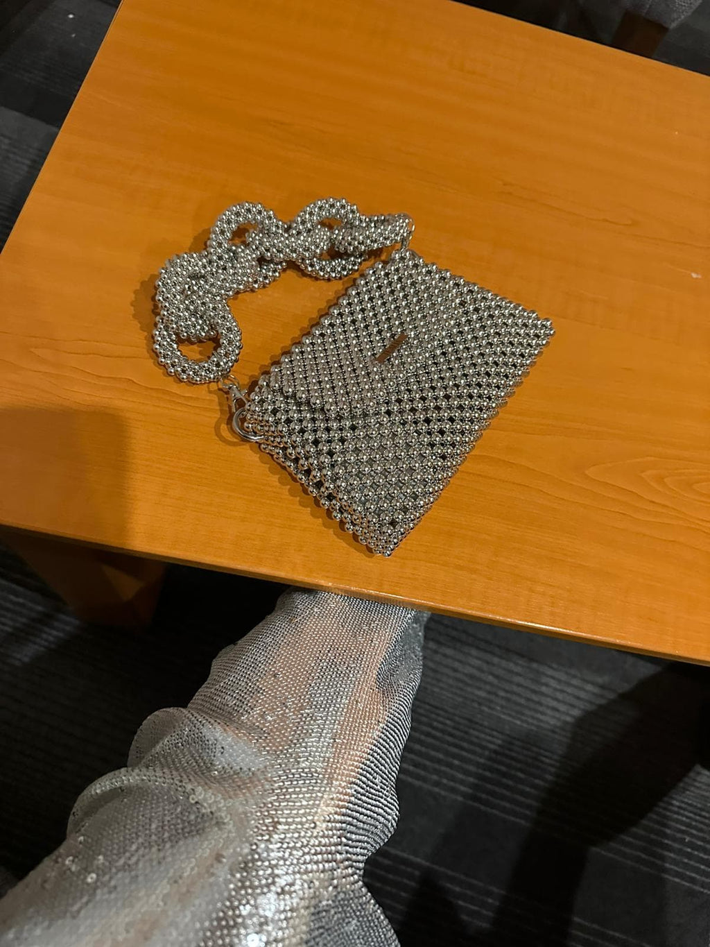 LIA Silver Beaded Shoulder Bag with Two Handles